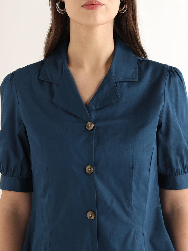 Hancock Women Turquoise Blue Solid Pure Cotton Regular Fit Formal Shirt