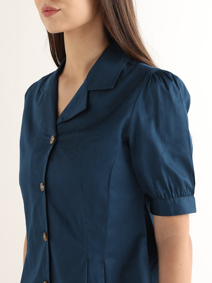 Hancock Women Turquoise Blue Solid Pure Cotton Regular Fit Formal Shirt