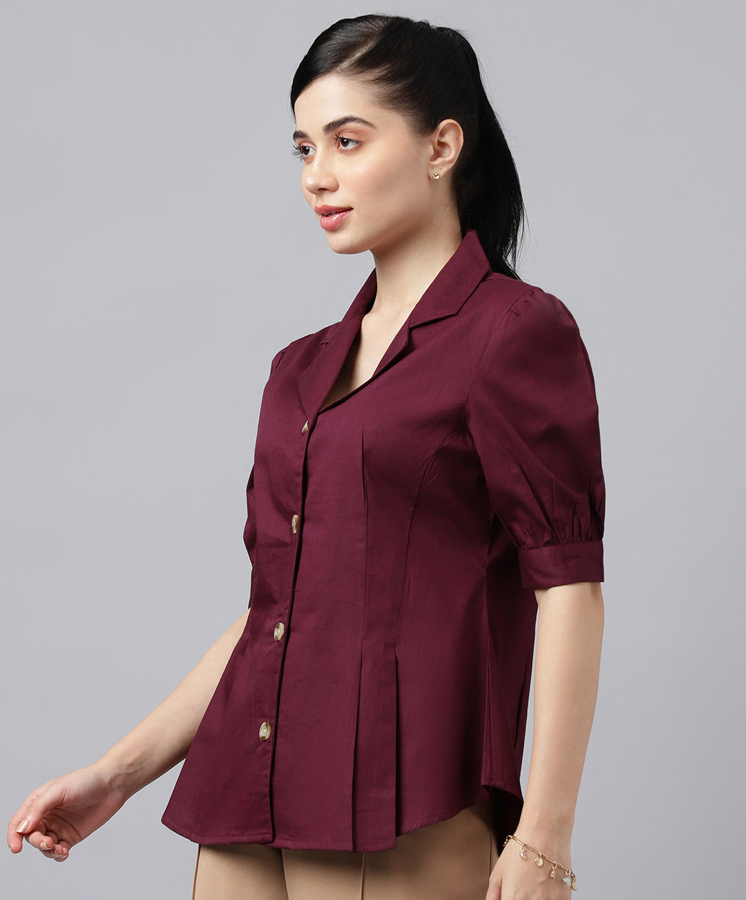 Women Burgundy Solid Pure Pleated Regular Fit Formal Shirt