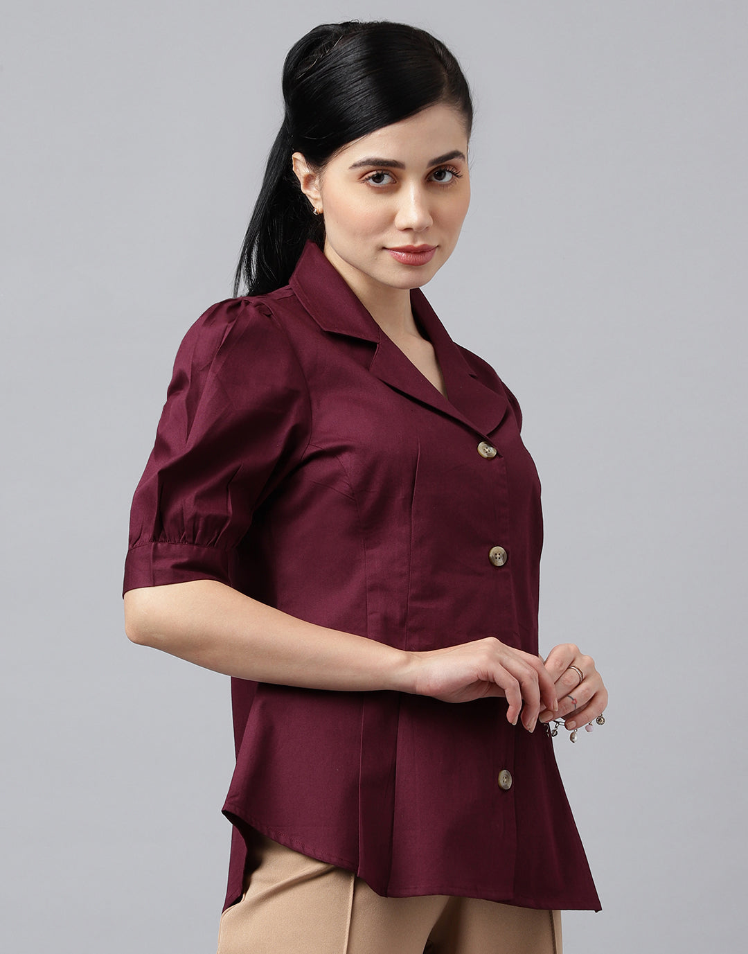 Women Burgundy Solid Pure Pleated Regular Fit Formal Shirt