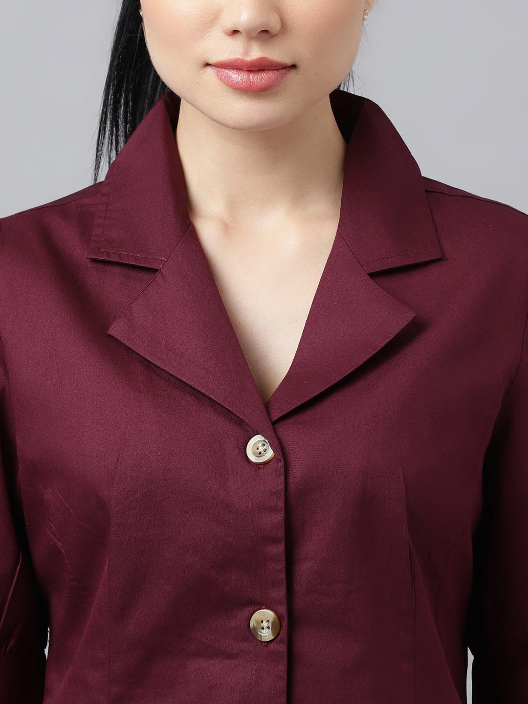 Women Burgundy Solid Pure Pleated Regular Fit Formal Shirt