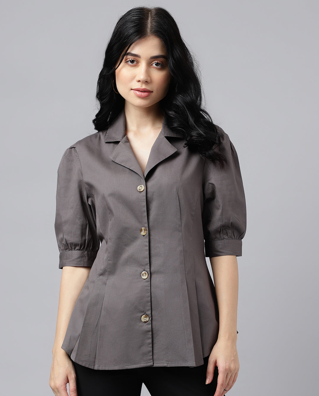 Women Dark Grey Solid Pure Pleated Regular Fit Formal Shirt
