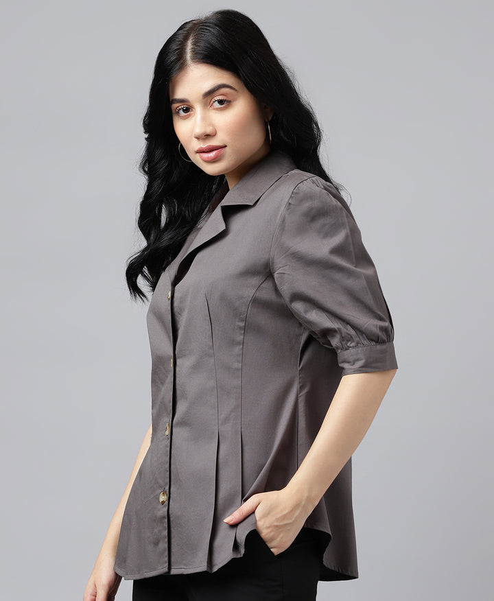 Women Dark Grey Solid Pure Pleated Regular Fit Formal Shirt