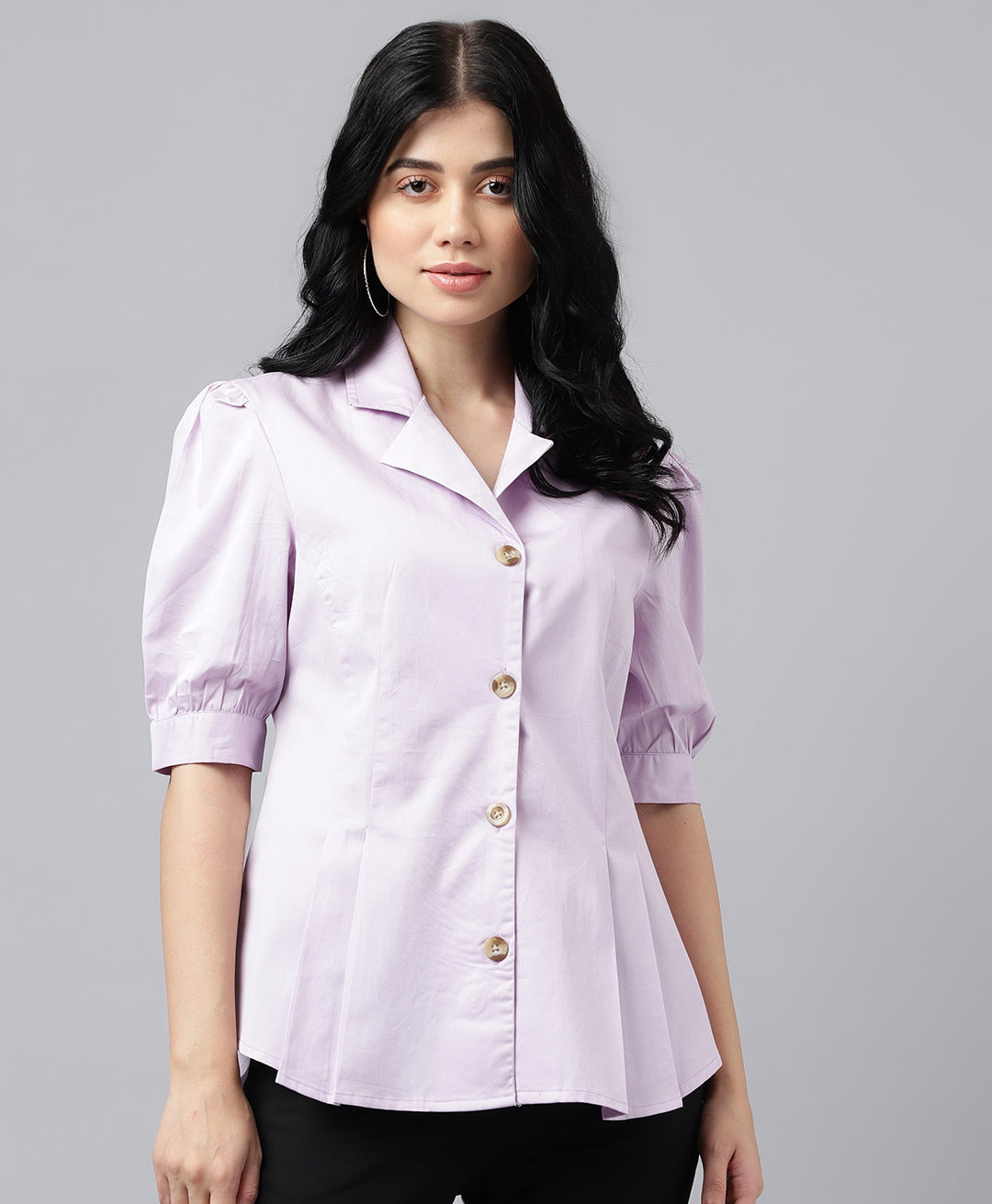Women Lavender Solid Pleated Pure Cotton Regular Fit Formal Shirt