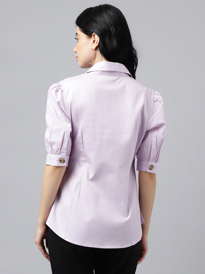 Women Lavender Solid Pleated Pure Cotton Regular Fit Formal Shirt