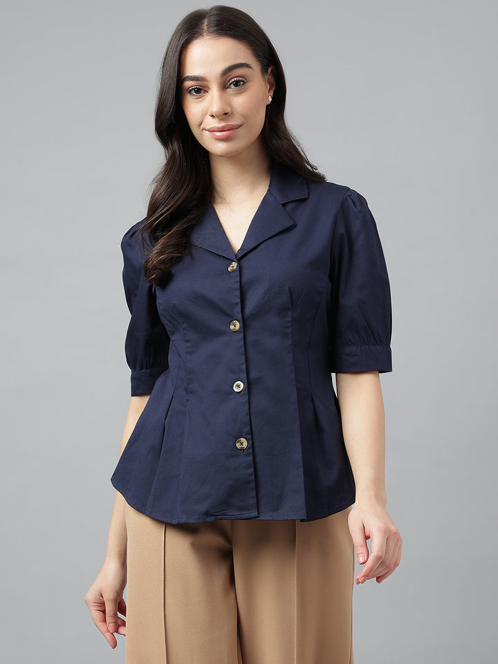 Women Navy  Solid Pure Cotton Regular Fit Formal Shirt