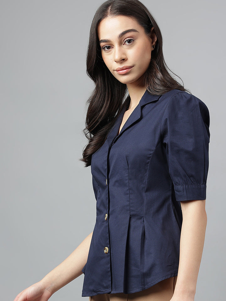 Women Navy  Solid Pure Cotton Regular Fit Formal Shirt