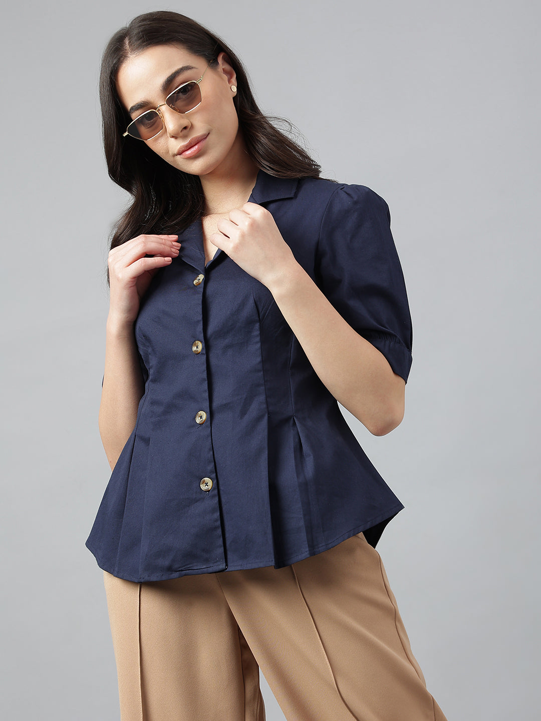 Women Navy  Solid Pure Cotton Regular Fit Formal Shirt