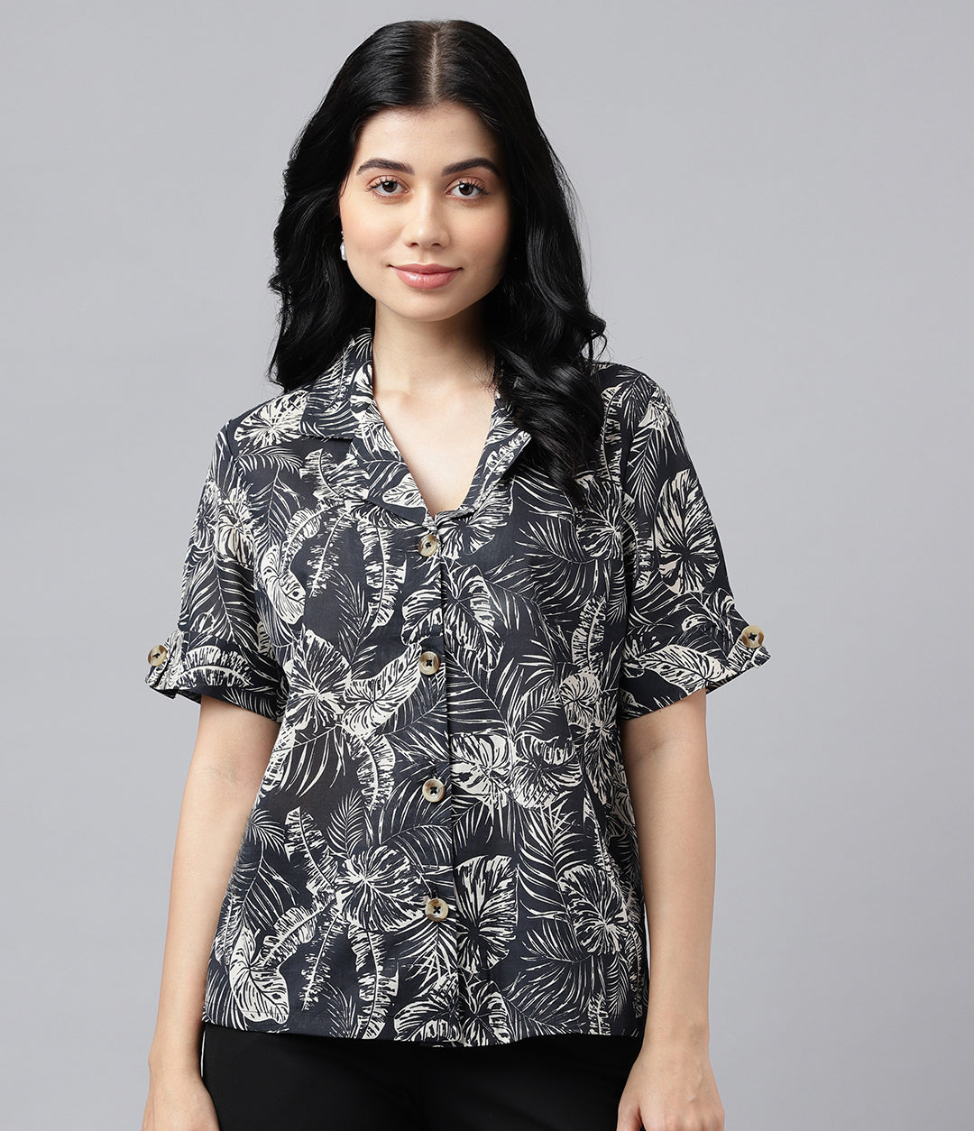 Women Black & Beige Tropical Print Pure Cotton Regular Fit Casual Shirt