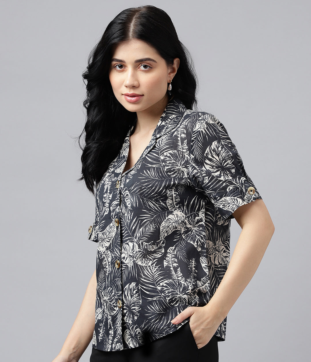 Women Black & Beige Tropical Print Pure Cotton Regular Fit Casual Shirt