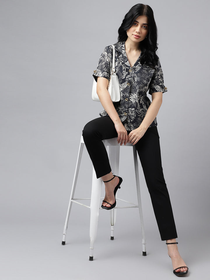 Women Black & Beige Tropical Print Pure Cotton Regular Fit Casual Shirt