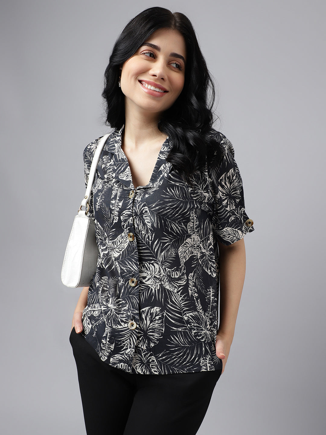 Women Black & Beige Tropical Print Pure Cotton Regular Fit Casual Shirt