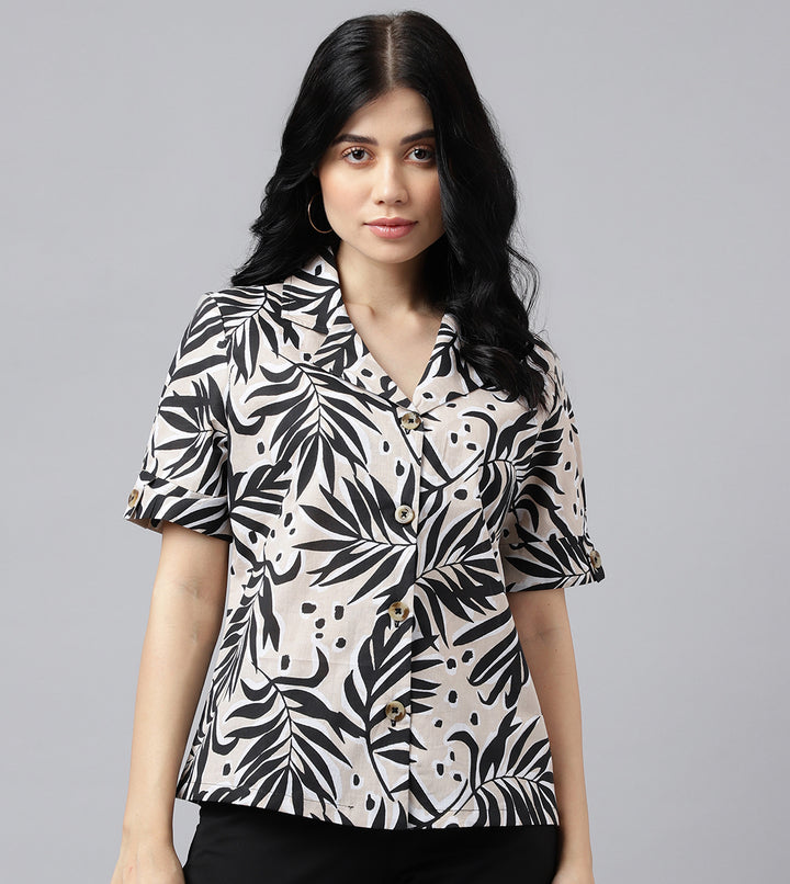 Women Beige & Black Tropical  Print Pure Cotton Regular Fit Casual Shirt