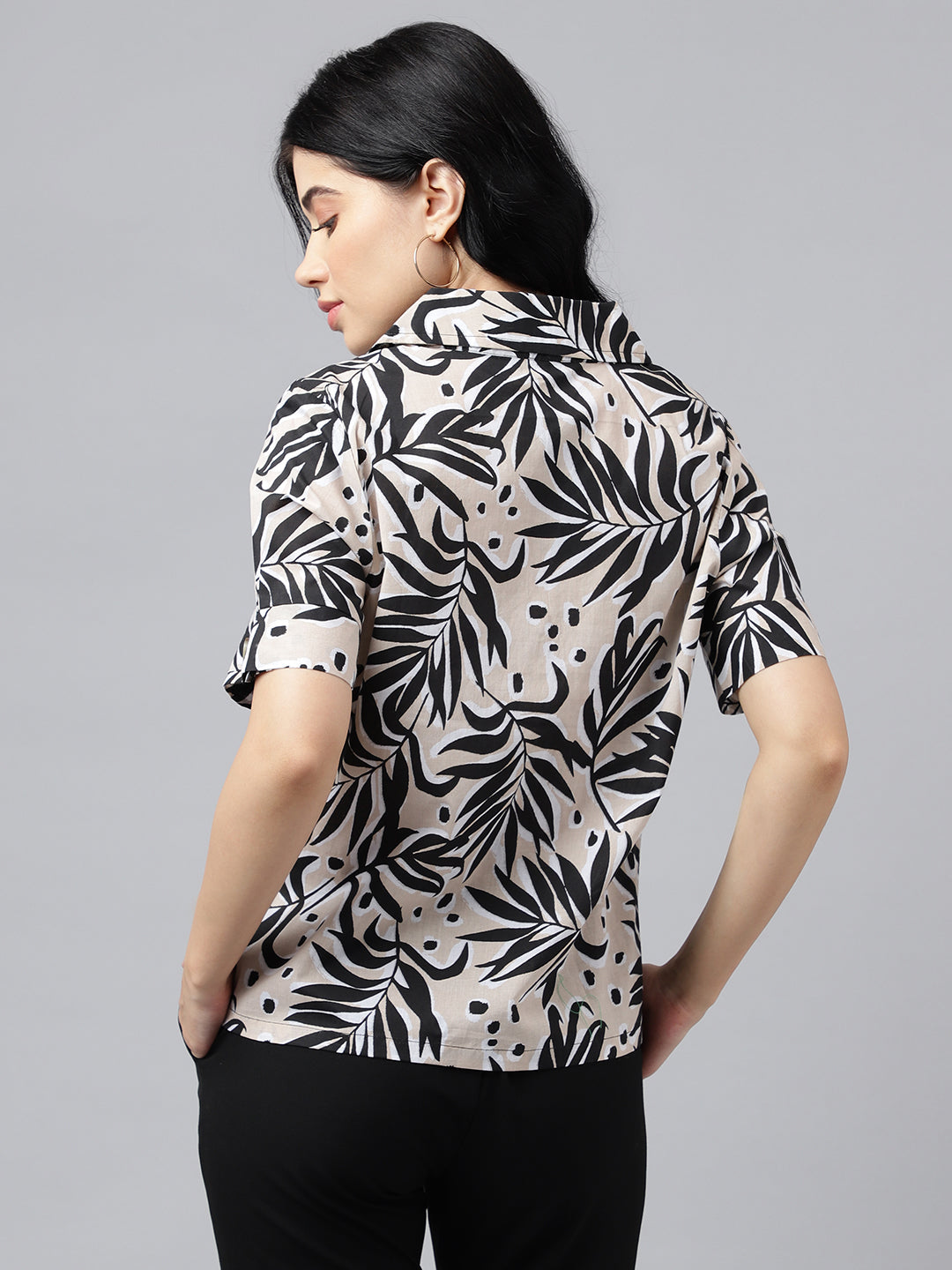 Women Beige & Black Tropical  Print Pure Cotton Regular Fit Casual Shirt