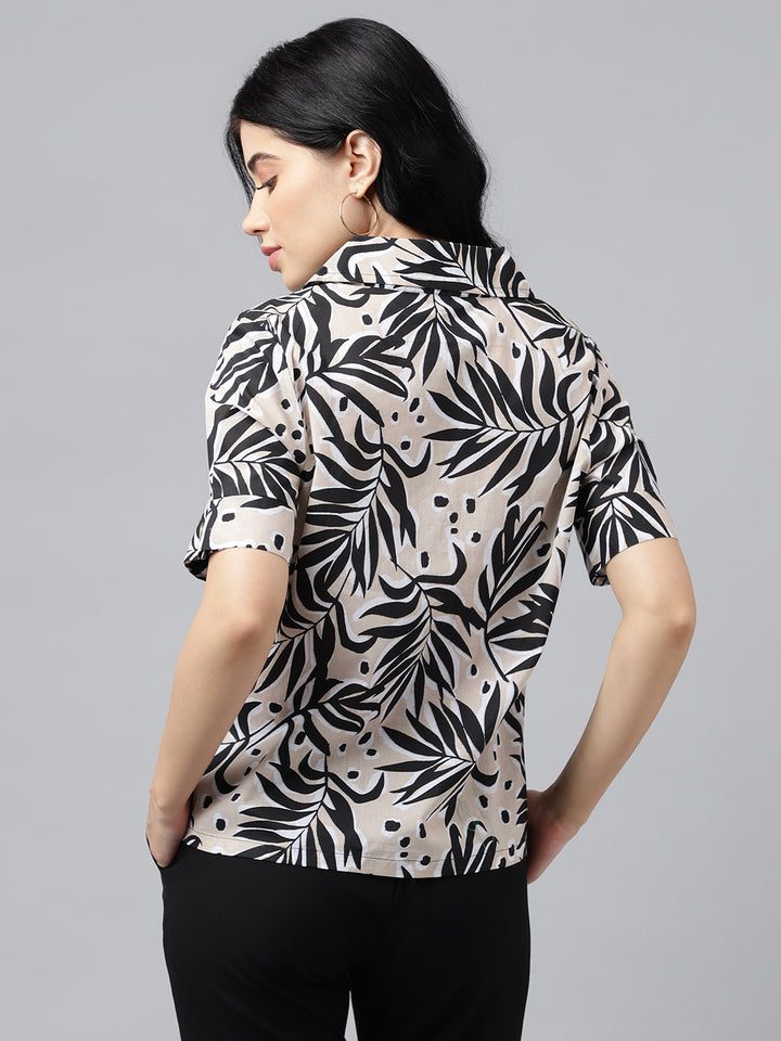 Women Beige & Black Tropical  Print Pure Cotton Regular Fit Casual Shirt