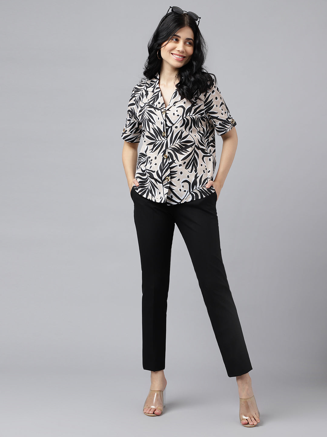 Women Beige & Black Tropical  Print Pure Cotton Regular Fit Casual Shirt