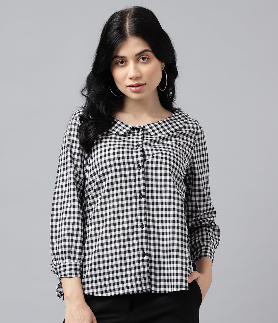 Women Black & White Gingham Check Pure Cotton Regular Fit Formal Shirt