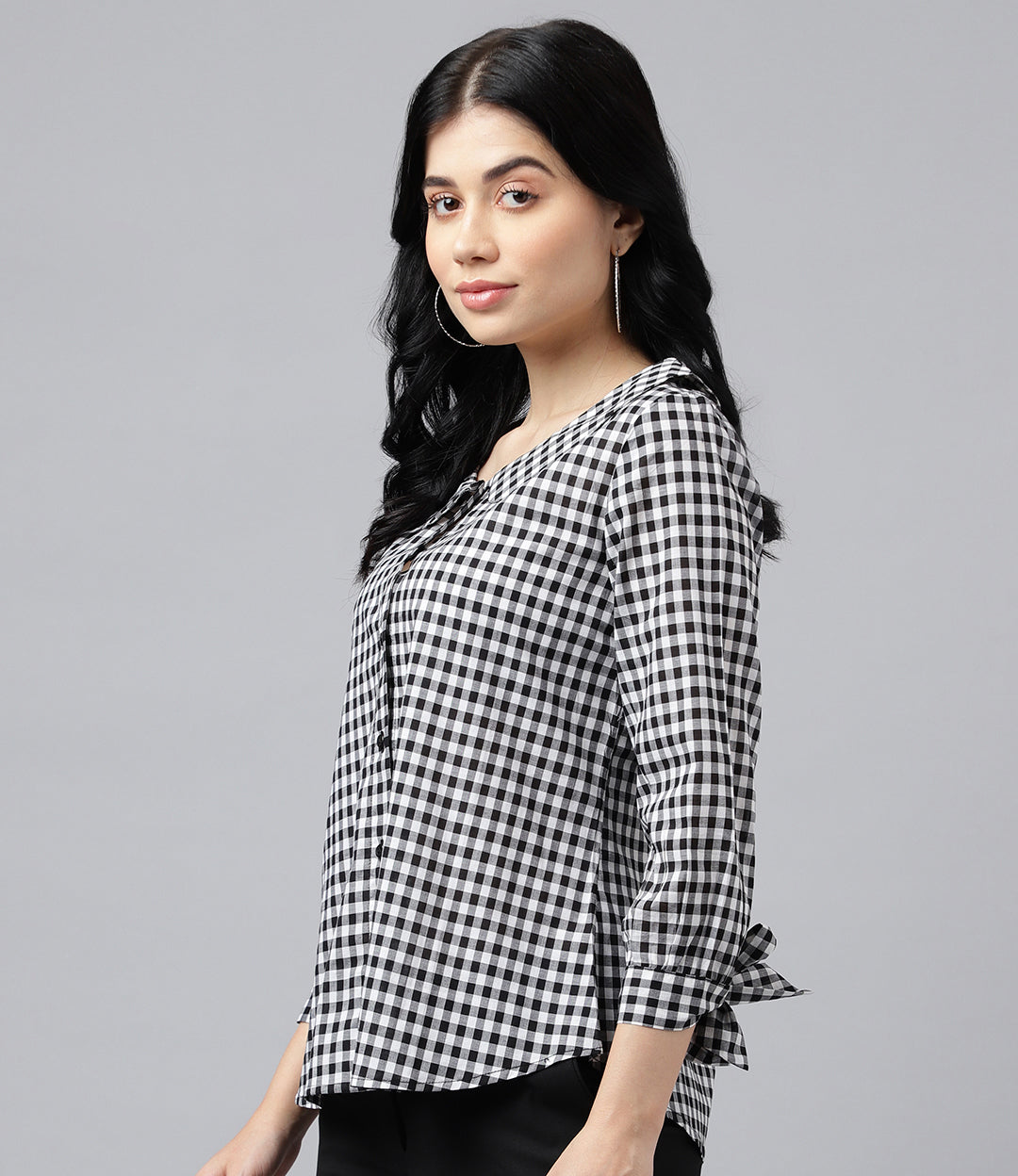 Women Black & White Gingham Check Pure Cotton Regular Fit Formal Shirt