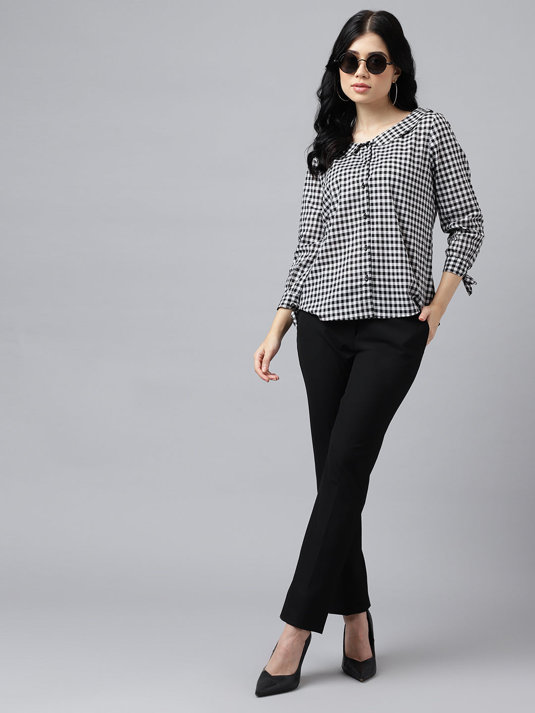 Women Black & White Gingham Check Pure Cotton Regular Fit Formal Shirt