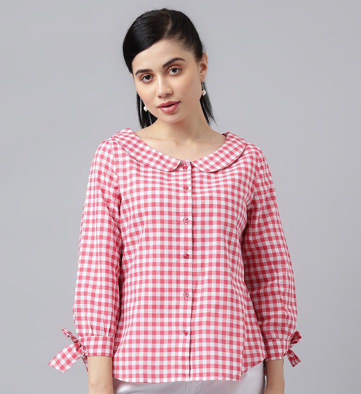 Women Pink & White Gingham Check Pure Cotton Regular Fit Formal Shirt