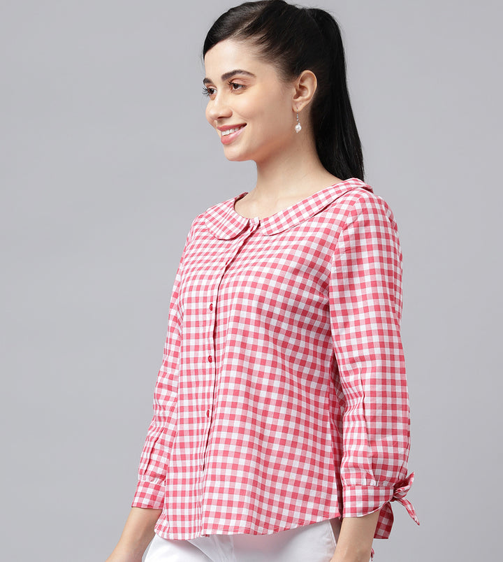 Women Pink & White Gingham Check Pure Cotton Regular Fit Formal Shirt