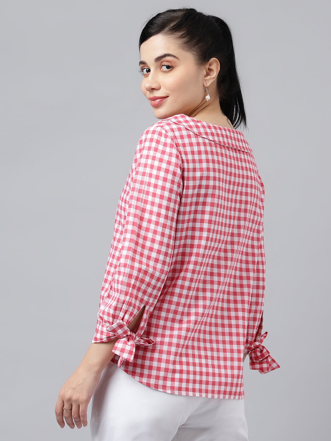 Women Pink & White Gingham Check Pure Cotton Regular Fit Formal Shirt