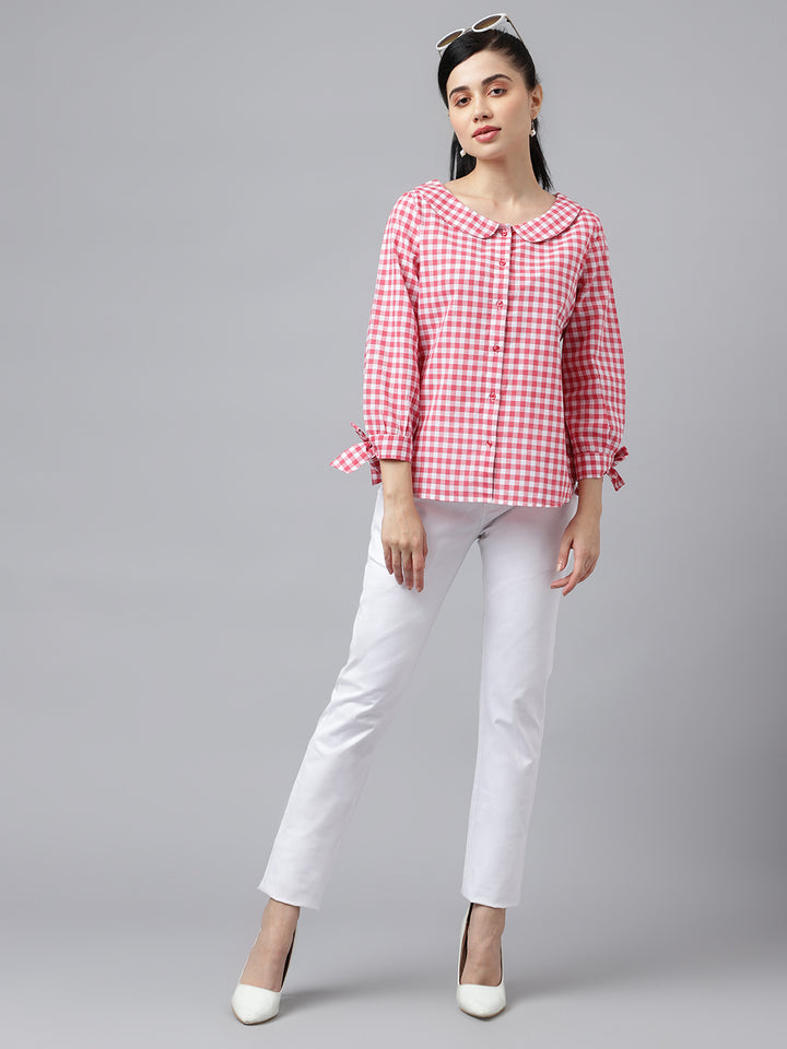 Women Pink & White Gingham Check Pure Cotton Regular Fit Formal Shirt