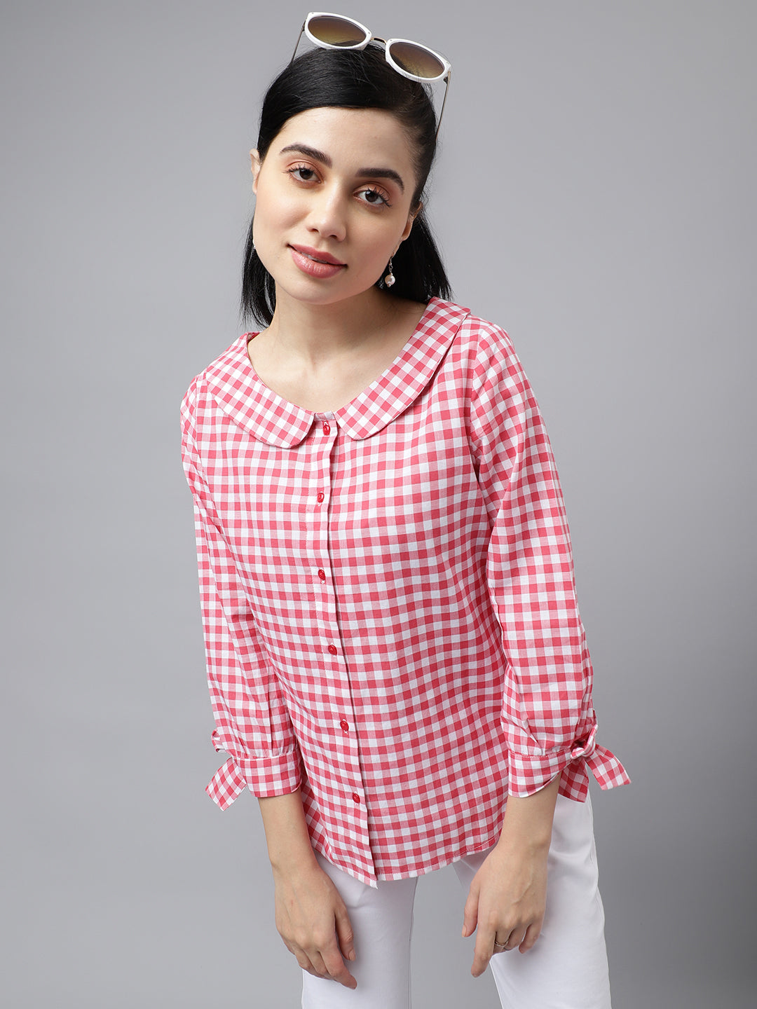 Women Pink & White Gingham Check Pure Cotton Regular Fit Formal Shirt