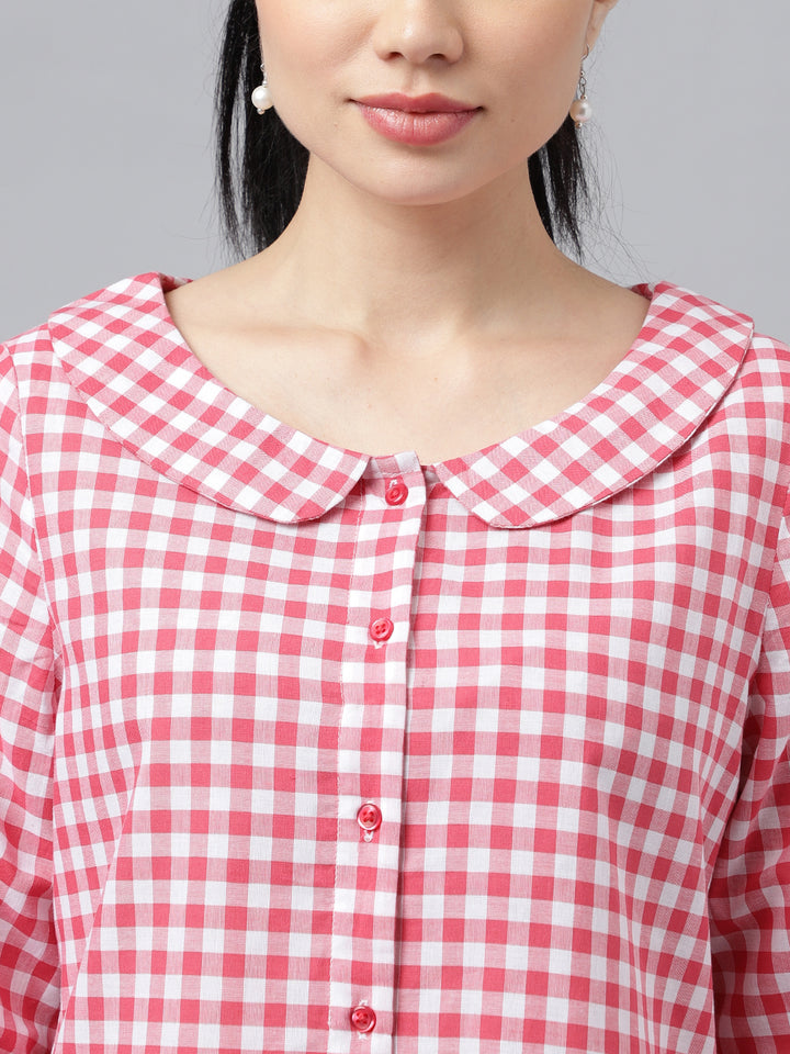 Women Pink & White Gingham Check Pure Cotton Regular Fit Formal Shirt