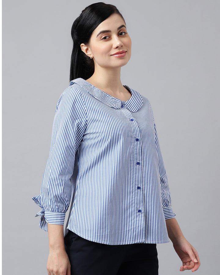 Women Blue & White Pin Stripe Pure Cotton Regular Fit Formal Shirt