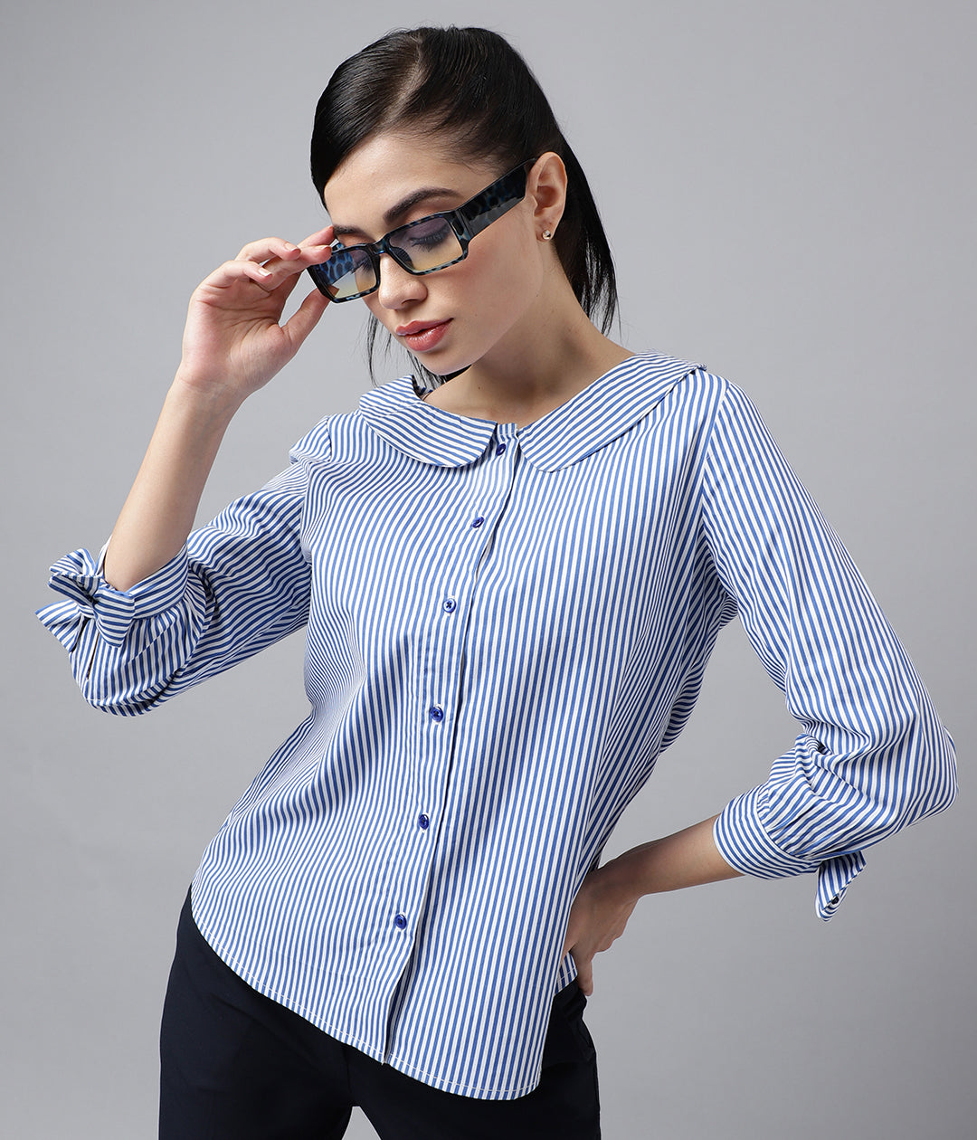 Women Blue & White Pin Stripe Pure Cotton Regular Fit Formal Shirt