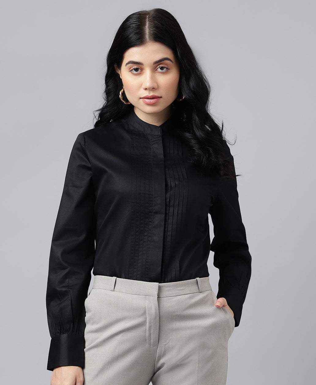 Women Black Solid Pure Cotton Satin Pin Tuck Regular Fit Formal Shirt