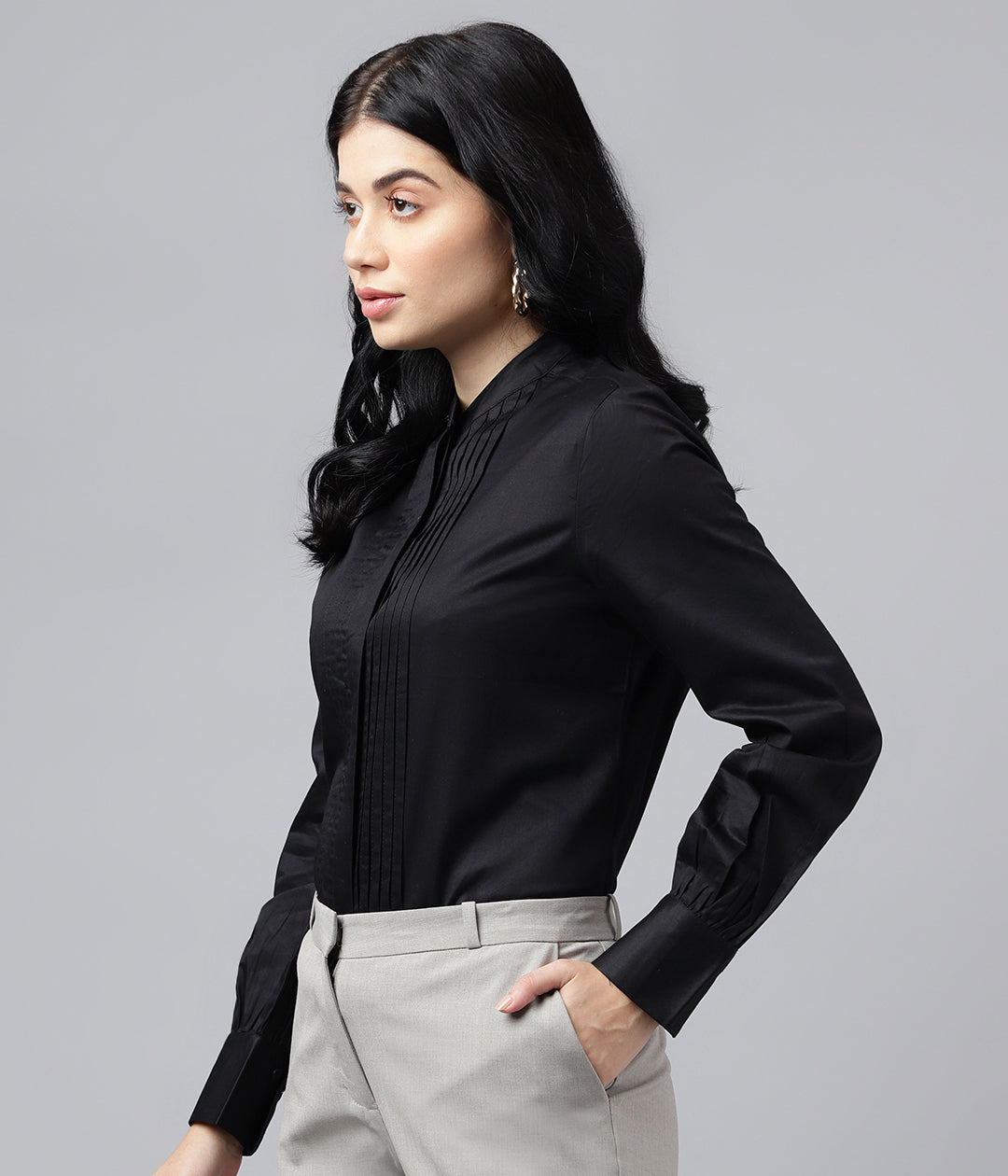 Women Black Solid Pure Cotton Satin Pin Tuck Regular Fit Formal Shirt