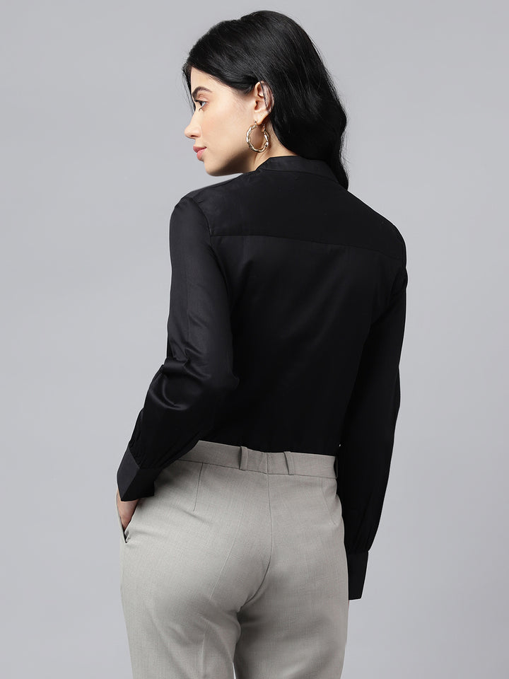 Women Black Solid Pure Cotton Satin Pin Tuck Regular Fit Formal Shirt