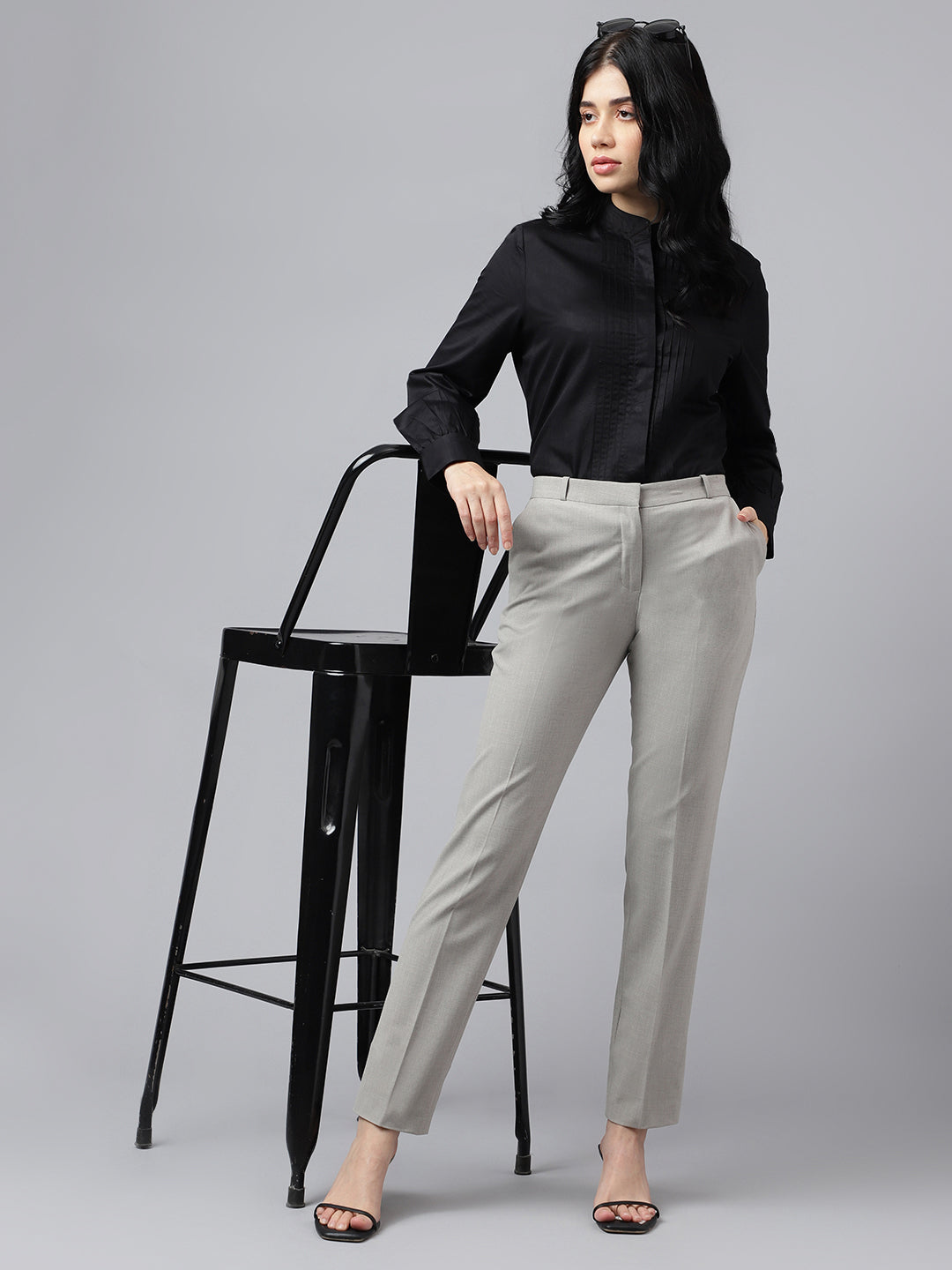 Women Black Solid Pure Cotton Satin Pin Tuck Regular Fit Formal Shirt