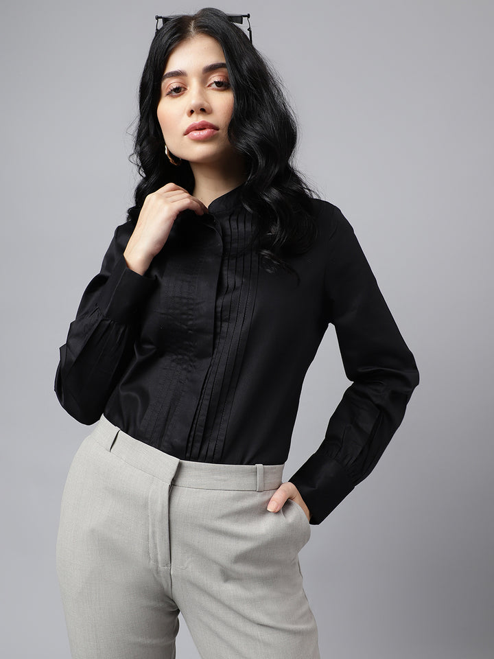 Women Black Solid Pure Cotton Satin Pin Tuck Regular Fit Formal Shirt