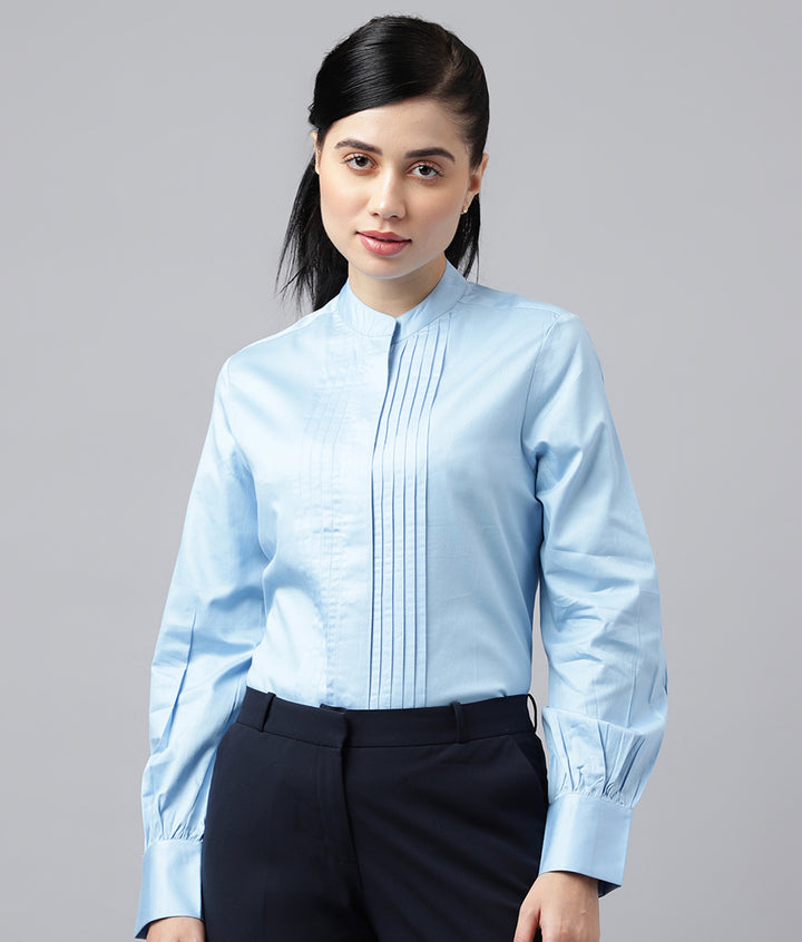 Women Blue Solid Pure Cotton Satin Pin Tuck Regular Fit Formal Shirt