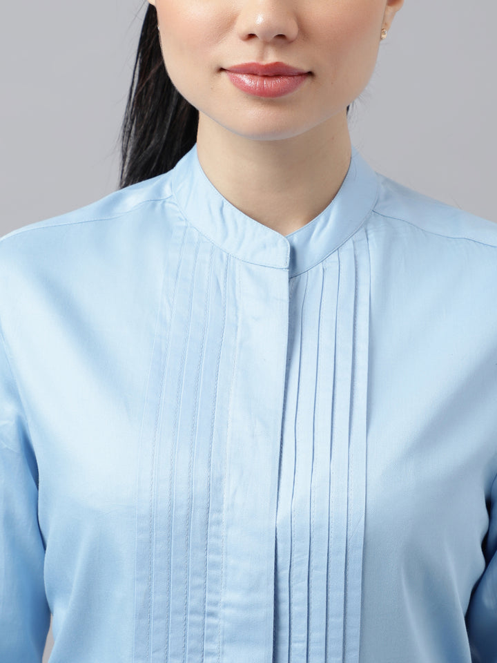 Women Blue Solid Pure Cotton Satin Pin Tuck Regular Fit Formal Shirt