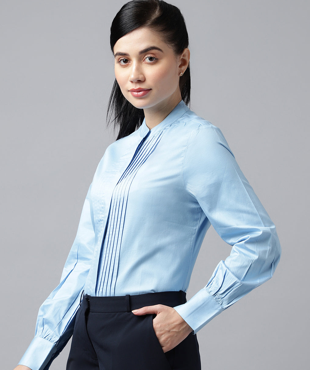 Women Blue Solid Pure Cotton Satin Pin Tuck Regular Fit Formal Shirt