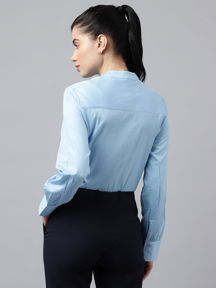 Women Blue Solid Pure Cotton Satin Pin Tuck Regular Fit Formal Shirt