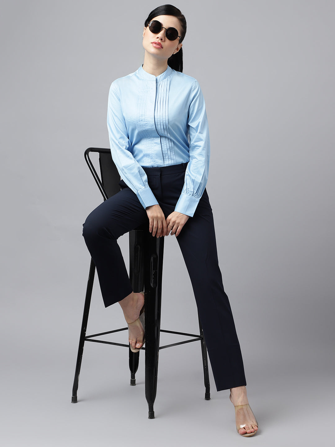 Women Blue Solid Pure Cotton Satin Pin Tuck Regular Fit Formal Shirt