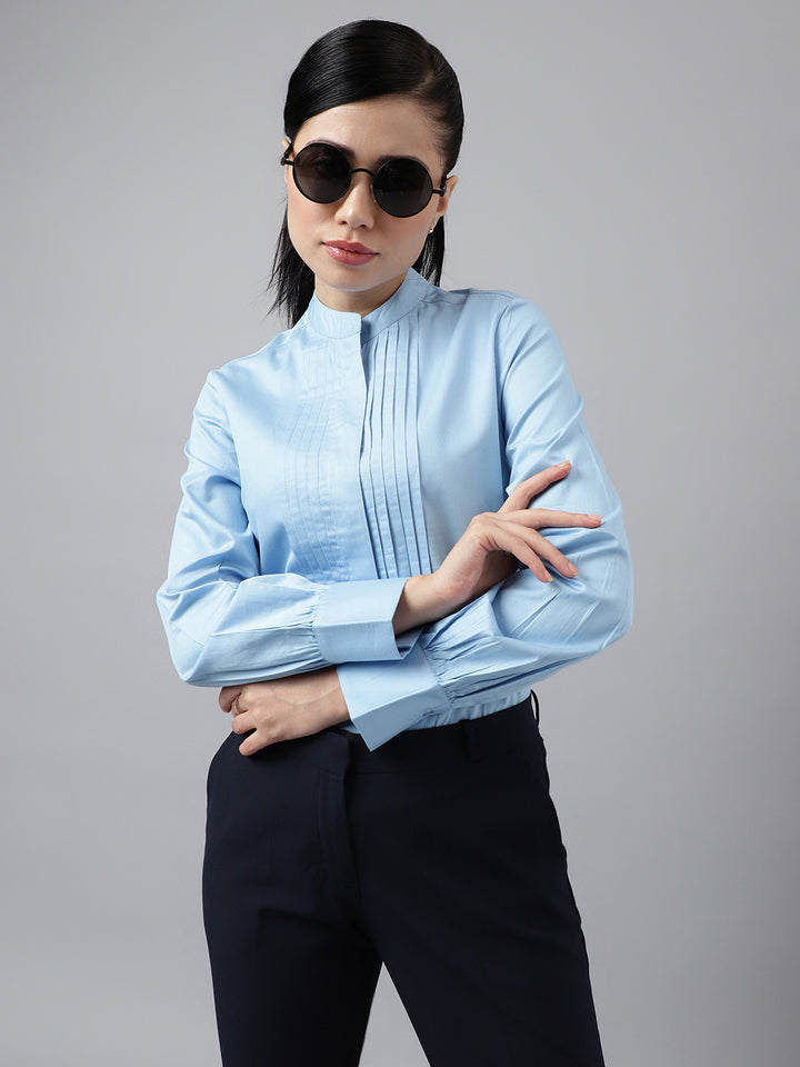 Women Blue Solid Pure Cotton Satin Pin Tuck Regular Fit Formal Shirt