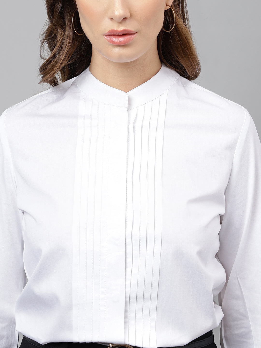 Women White Solid Pintucked Pure Cotton Mandarin Collar Formal Shirt