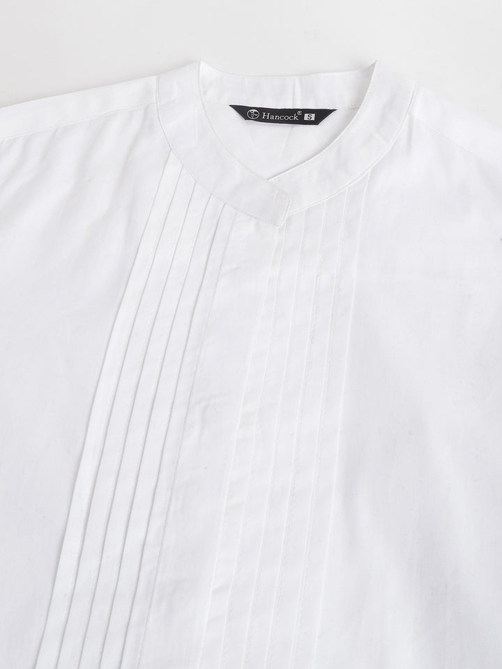 Women White Solid Pintucked Pure Cotton Mandarin Collar Formal Shirt