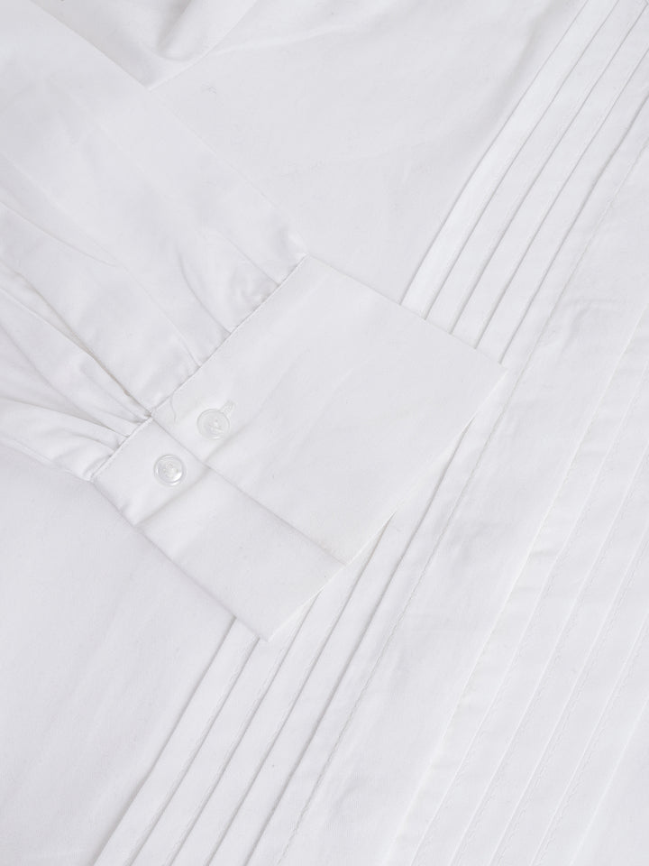 Women White Solid Pintucked Pure Cotton Mandarin Collar Formal Shirt