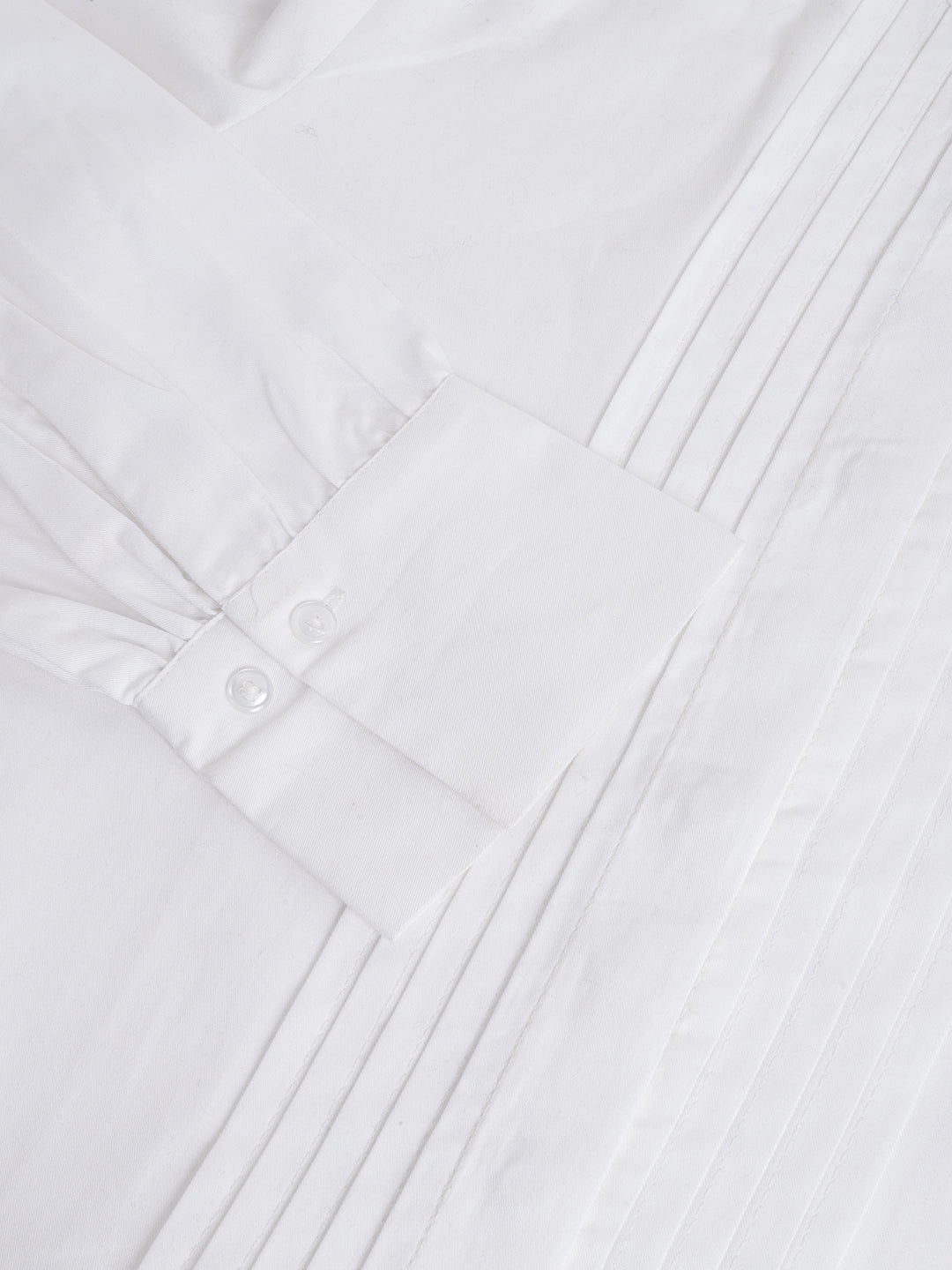 Women White Solid Pintucked Pure Cotton Mandarin Collar Formal Shirt