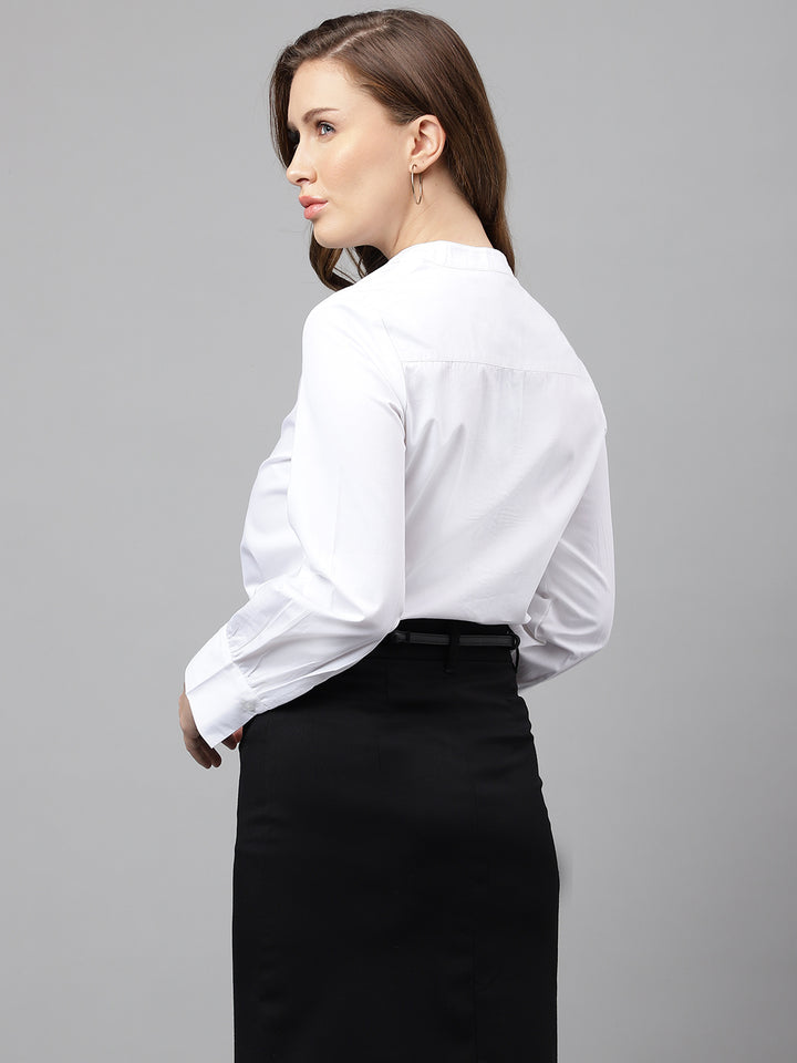 Women White Solid Pintucked Pure Cotton Mandarin Collar Formal Shirt