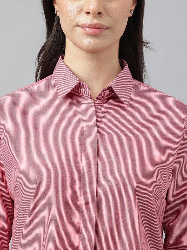 Women Red &White Stripes Pure Cotton Regular Fit Formal Shirt