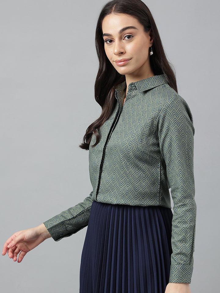 Women Green &Navy  Prints Pure Cotton Regular Fit Formal Shirt