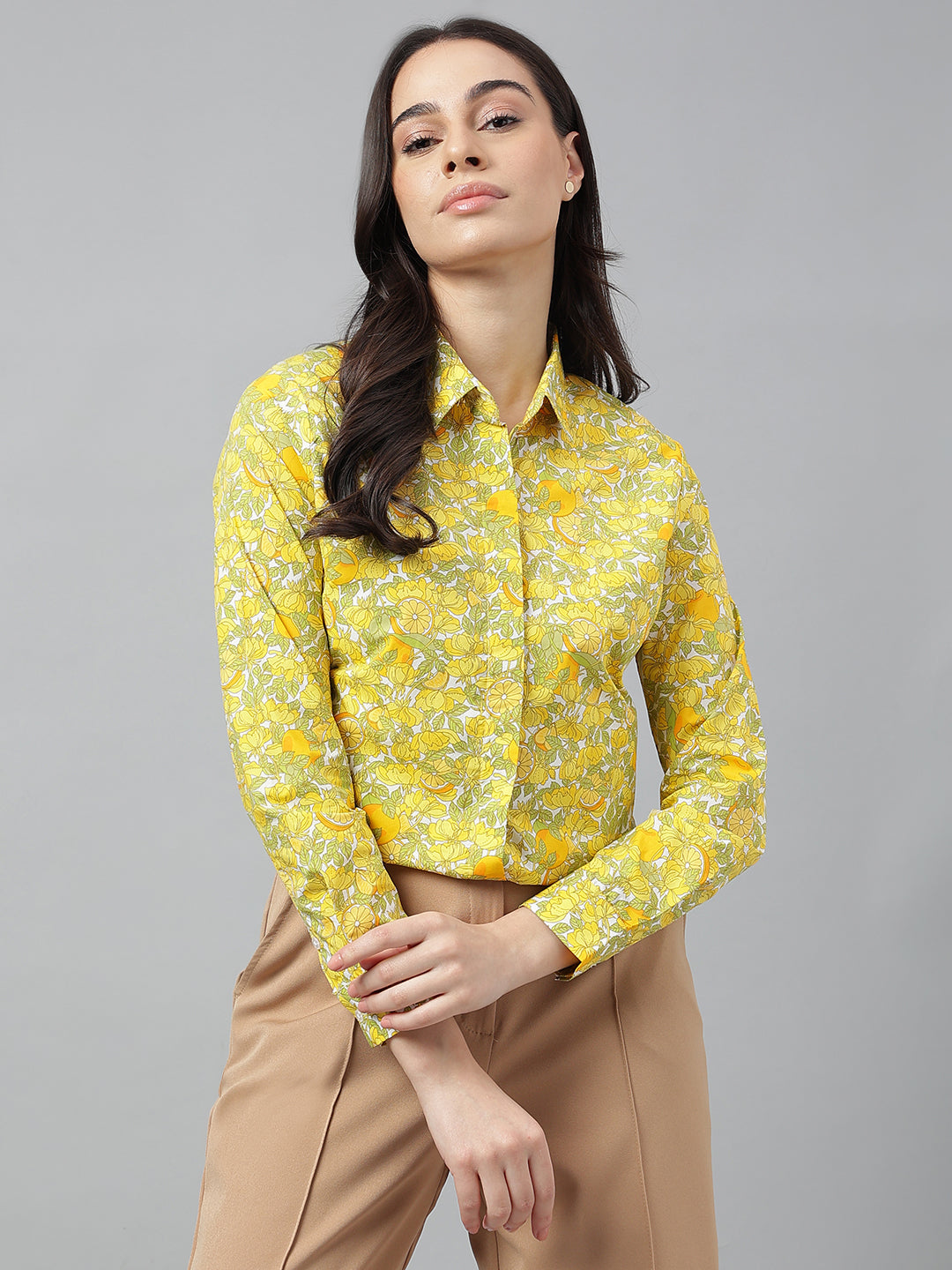 Women White & Yellow Prints Pure Cotton Regular Fit Formal Shirt